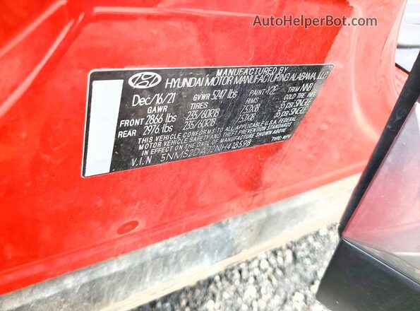 5NMS2DAJ2NH418598 2022 HYUNDAI SANTA Red VIN կոդի պիտակի տեսք