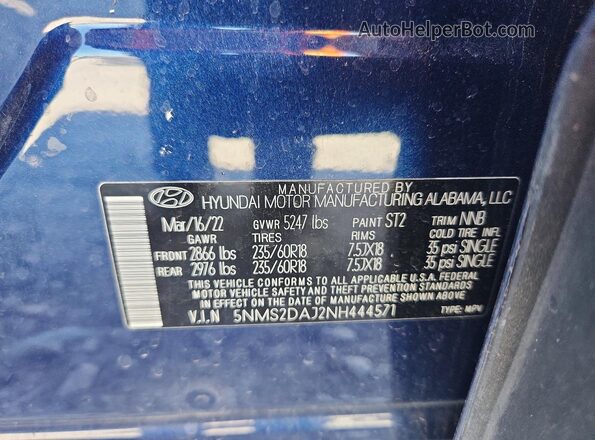 5NMS2DAJ2NH444571 2022 HYUNDAI SANTA Синий Вид подкапотного пространства