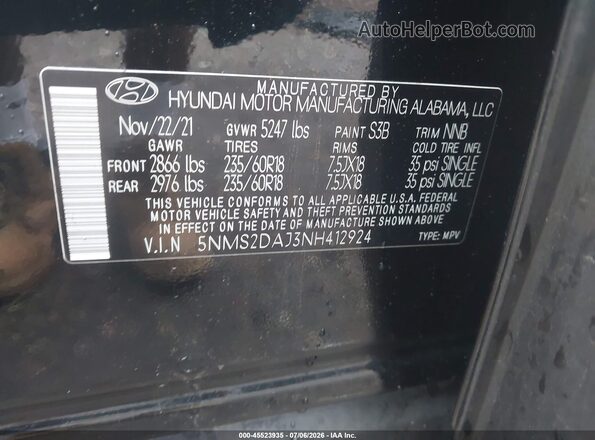 5NMS2DAJ3NH412924 2022 HYUNDAI SANTA FE Черный Вид подкапотного пространства