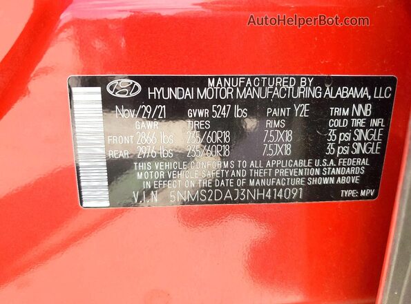 5NMS2DAJ3NH414091 2022 HYUNDAI SANTA Красный Вид наклейки с VIN-кодом