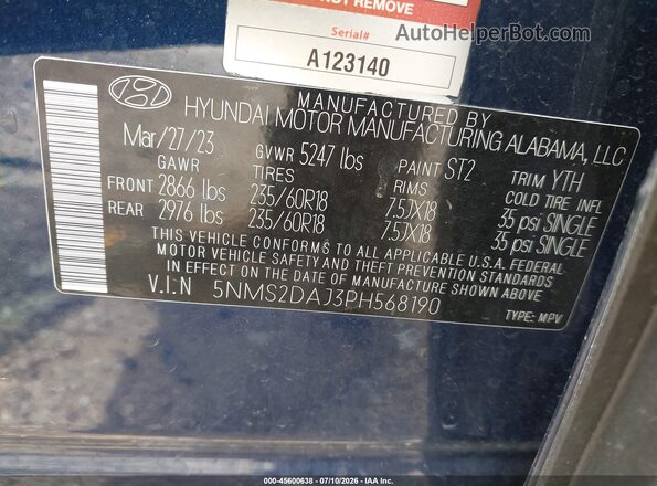 5NMS2DAJ3PH568190 2023 HYUNDAI SANTA FE Blue ძრავის განყოფილების ხედი