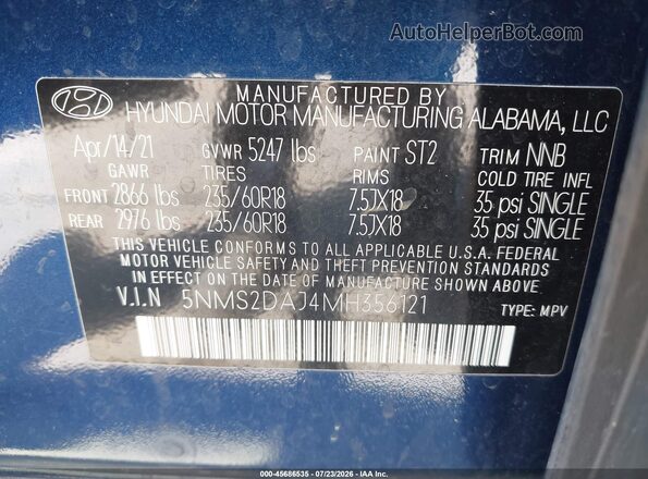 5NMS2DAJ4MH356121 2021 HYUNDAI SANTA FE Blue Vista del compartimento del motor