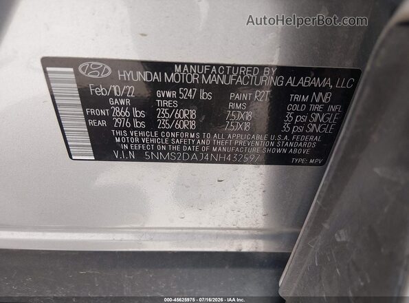 5NMS2DAJ4NH432597 2022 HYUNDAI SANTA FE Gray Vista del compartimento del motor