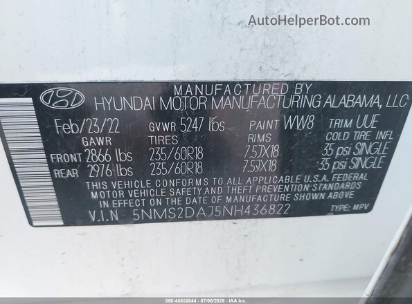 5NMS2DAJ5NH436822 2022 HYUNDAI SANTA FE White Widok komory silnika