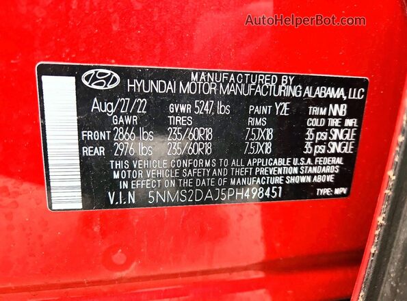 5NMS2DAJ5PH498451 2023 HYUNDAI SANTA Red VIN կոդի պիտակի տեսք