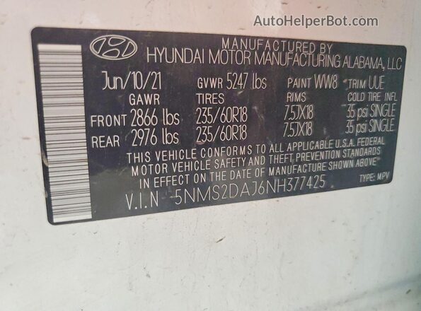 5NMS2DAJ6NH377425 2022 HYUNDAI SANTA Белый Панорамный вид салона 360°