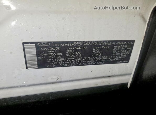 5NMS2DAJ6PH561282 2023 HYUNDAI SANTA Белый Вид наклейки с VIN-кодом