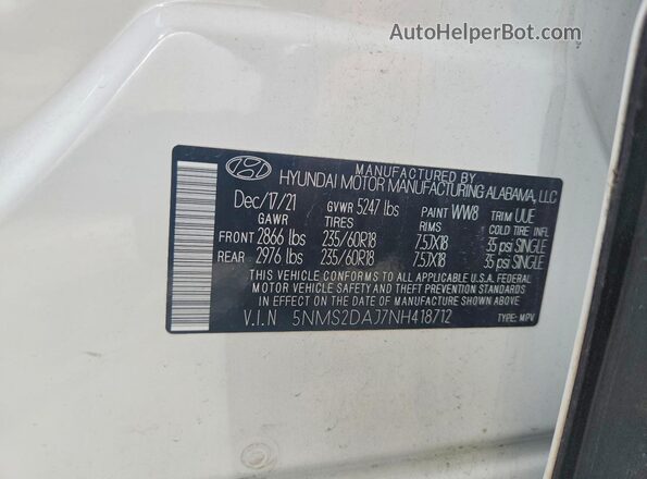 5NMS2DAJ7NH418712 2022 HYUNDAI SANTA White Vista de la etiqueta del VIN