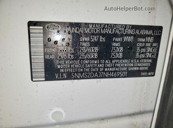 5NMS2DAJ7NH469501 2022 HYUNDAI SANTA White Widok wnętrza 360 stopni