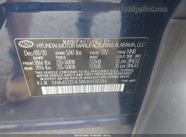 5NMS2DAJ8MH310386 2021 HYUNDAI SANTA FE Blue Vista del compartimento del motor