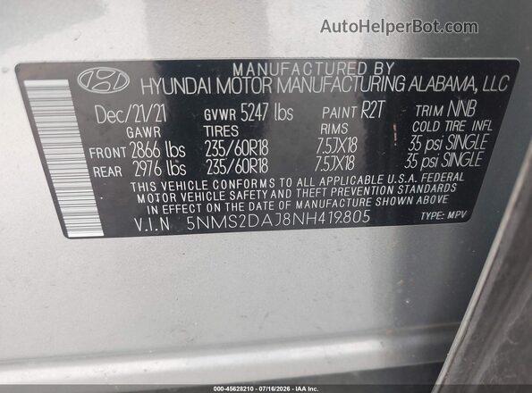 5NMS2DAJ8NH419805 2022 HYUNDAI SANTA FE Gray Вид підкапотного простору