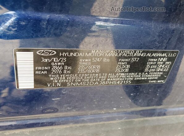 5NMS2DAJ8PH542135 2023 HYUNDAI SANTA Blue Vista de la etiqueta del VIN