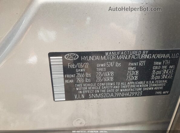5NMS2DAJ9NH429923 2022 HYUNDAI SANTA FE Gray Widok komory silnika