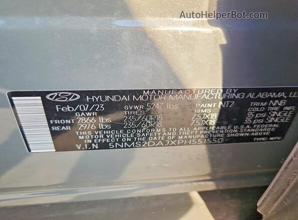 5NMS2DAJXPH551550 2023 HYUNDAI SANTA Gray Вид наклейки з VIN-кодом