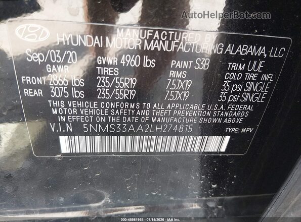 5NMS33AA2LH274815 2020 HYUNDAI SANTA FE Black Widok komory silnika