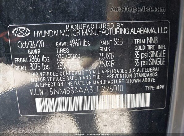 5NMS33AA3LH298010 2020 HYUNDAI SANTA FE Black Vista del compartimento del motor