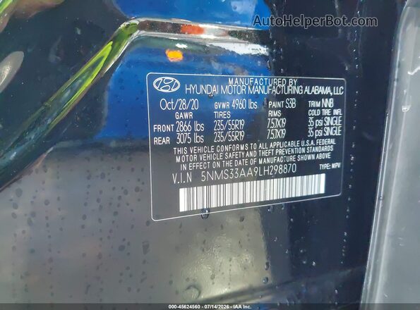 5NMS33AA9LH298870 2020 HYUNDAI SANTA FE Black Вид підкапотного простору