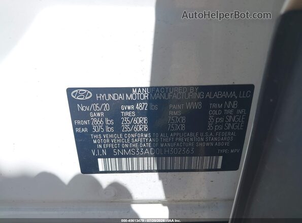 5NMS33AD0LH302363 2020 HYUNDAI SANTA FE White ძრავის განყოფილების ხედი