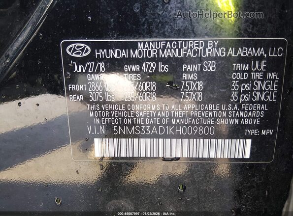 5NMS33AD1KH009800 2019 HYUNDAI SANTA FE Black ძრავის განყოფილების ხედი