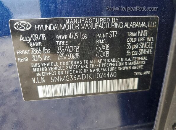 5NMS33AD1KH024460 2019 HYUNDAI SANTA Blue Widok naklejki z numerem VIN