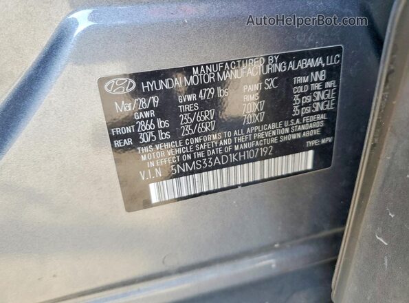 5NMS33AD1KH107192 2019 HYUNDAI SANTA Gray Widok naklejki z numerem VIN