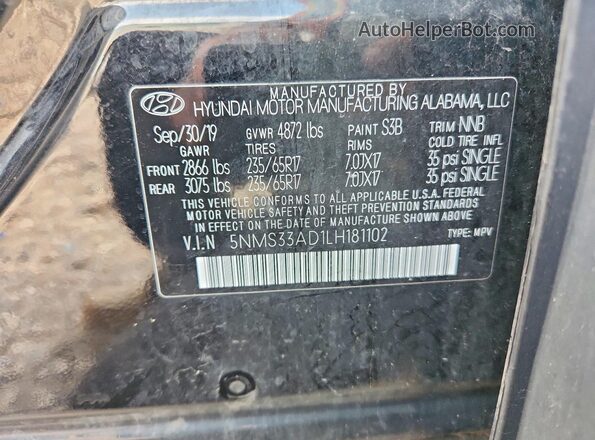 5NMS33AD1LH181102 2020 HYUNDAI SANTA Black Widok komory silnika