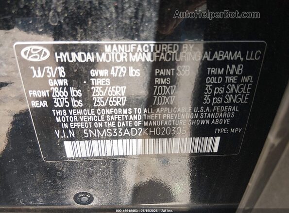 5NMS33AD2KH020305 2019 HYUNDAI SANTA FE Black Widok komory silnika