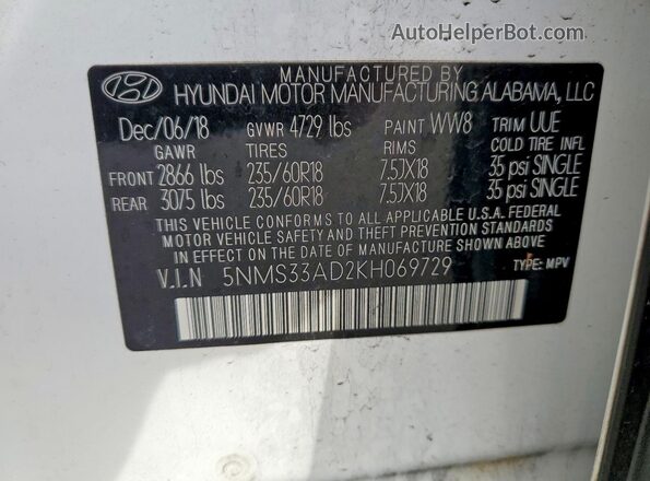 5NMS33AD2KH069729 2019 HYUNDAI SANTA White Вид наклейки з VIN-кодом