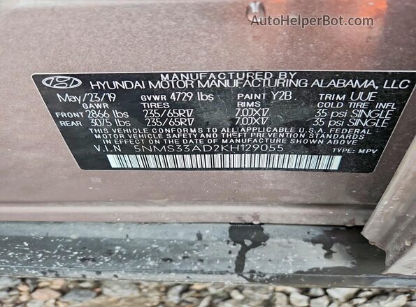 5NMS33AD2KH129055 2019 HYUNDAI SANTA Tan Vista de la etiqueta del VIN