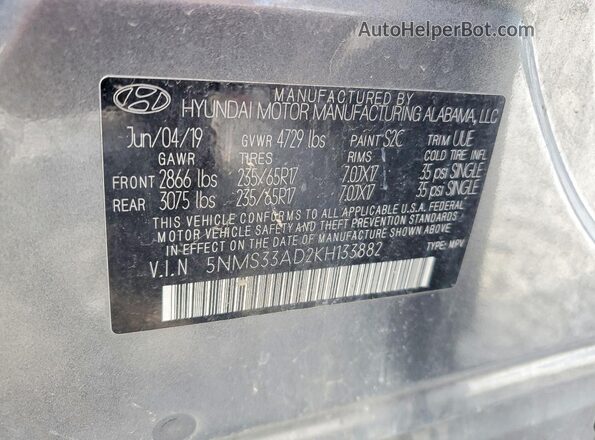 5NMS33AD2KH133882 2019 HYUNDAI SANTA Gray Widok komory silnika