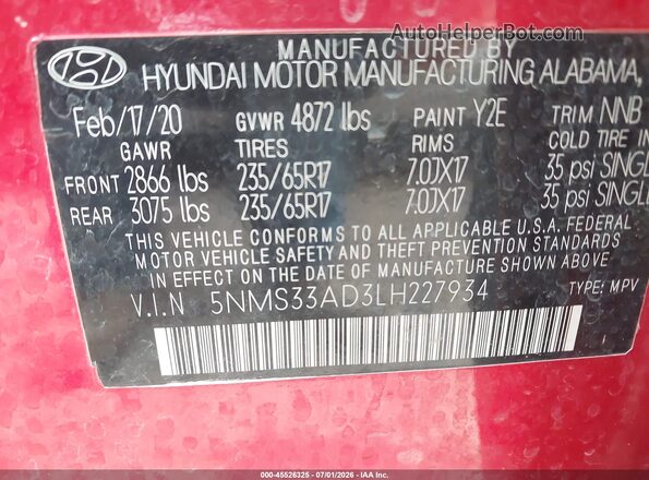 5NMS33AD3LH227934 2020 HYUNDAI SANTA FE Красный Вид подкапотного пространства