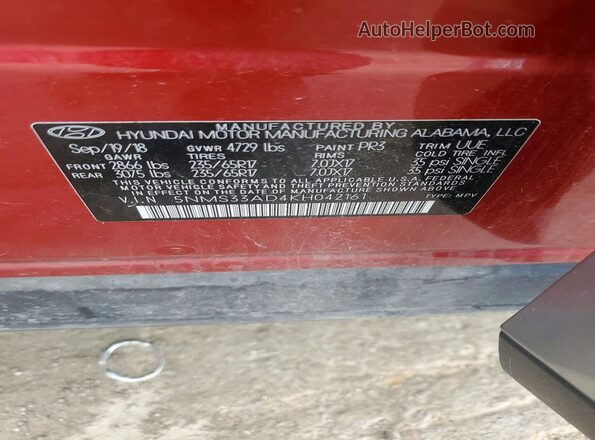 5NMS33AD4KH042161 2019 HYUNDAI SANTA Red VIN կոդի պիտակի տեսք