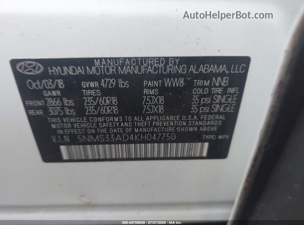 5NMS33AD4KH047750 2019 HYUNDAI SANTA FE White Engine compartment view