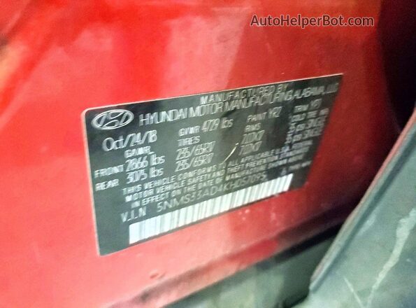 5NMS33AD4KH057095 2019 HYUNDAI SANTA Красный Вид наклейки с VIN-кодом