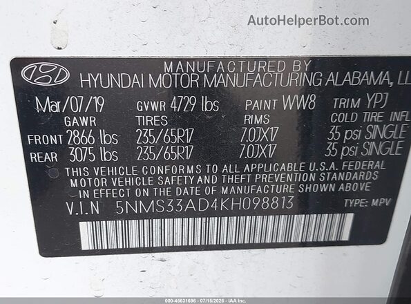 5NMS33AD4KH098813 2019 HYUNDAI SANTA FE White Вид підкапотного простору