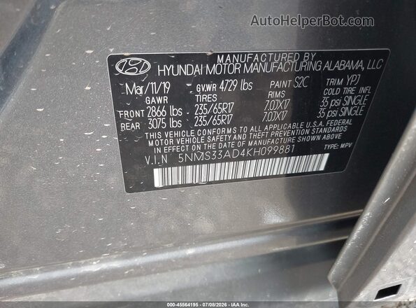 5NMS33AD4KH099881 2019 HYUNDAI SANTA FE Серый Вид подкапотного пространства