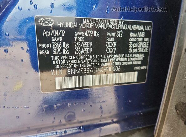 5NMS33AD4KH110006 2019 HYUNDAI SANTA Blue Շարժիչի բաժամունքի տեսք