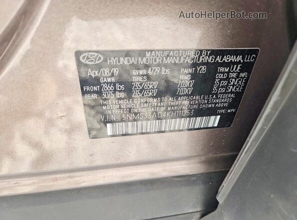 5NMS33AD4KH111253 2019 HYUNDAI SANTA Beige Engine compartment view