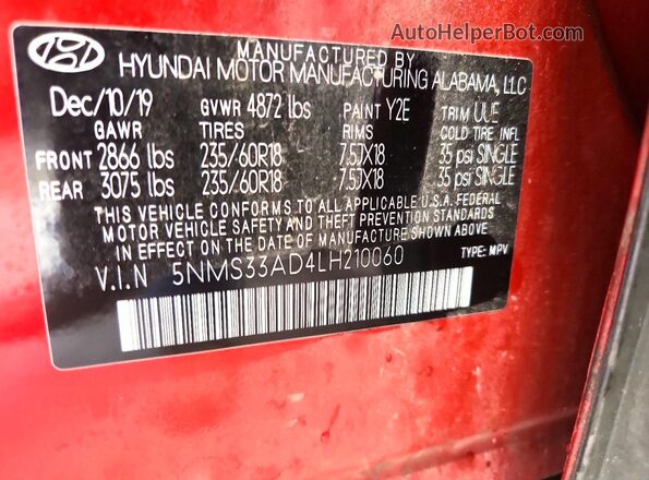 5NMS33AD4LH210060 2020 HYUNDAI SANTA Red სალონის 360-გრადუსიანი ხედი