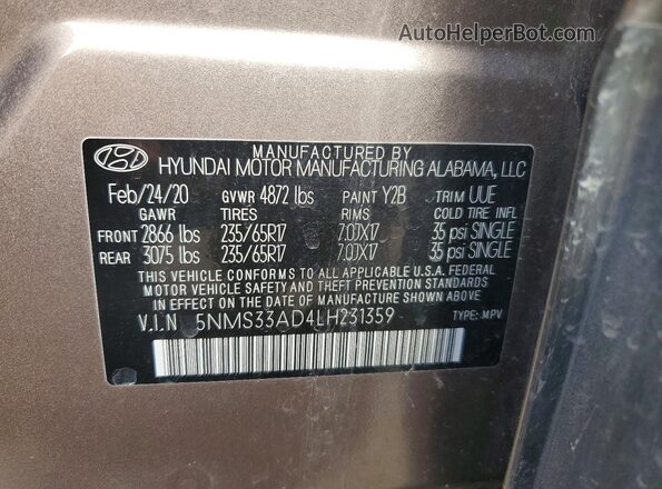 5NMS33AD4LH231359 2020 HYUNDAI SANTA Brown VIN կոդի պիտակի տեսք