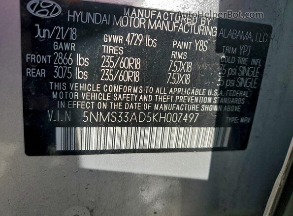 5NMS33AD5KH007497 2019 HYUNDAI SANTA Silver VIN կոդի պիտակի տեսք