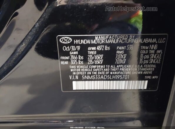5NMS33AD5LH195701 2020 HYUNDAI SANTA FE Black Вид підкапотного простору
