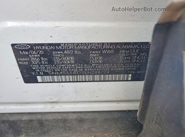 5NMS33AD5LH234724 2020 HYUNDAI SANTA Белый Вид подкапотного пространства