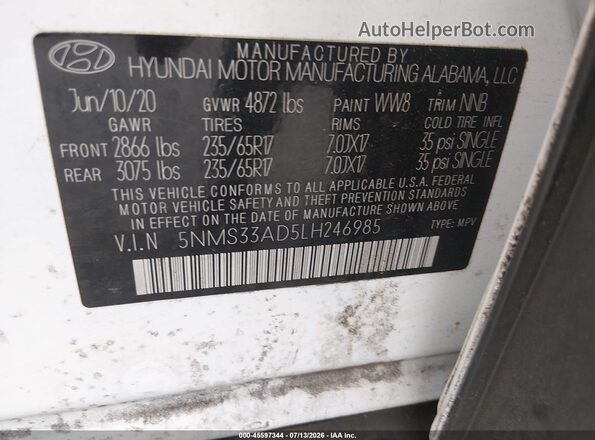 5NMS33AD5LH246985 2020 HYUNDAI SANTA FE White Vista del compartimento del motor