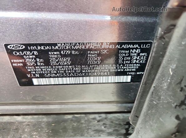 5NMS33AD6KH049841 2019 HYUNDAI SANTA Gray Widok naklejki z numerem VIN