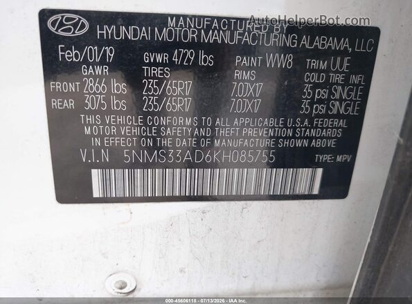 5NMS33AD6KH085755 2019 HYUNDAI SANTA FE White Engine compartment view