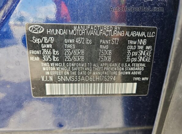 5NMS33AD6LH175294 2020 HYUNDAI SANTA Blue 360 interior view