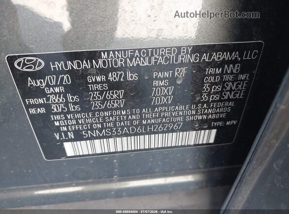 5NMS33AD6LH262967 2020 HYUNDAI SANTA FE Gray Вид підкапотного простору