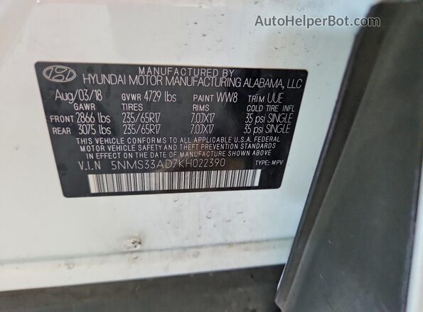 5NMS33AD7KH022390 2019 HYUNDAI SANTA Белый Панорамный вид салона 360°