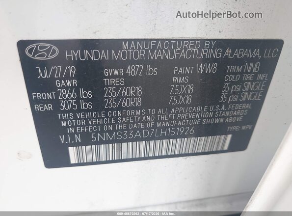 5NMS33AD7LH151926 2020 HYUNDAI SANTA FE White Engine compartment view